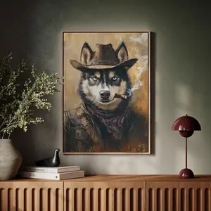 Husky Western Wall Art, Cowboy Dog Poster In Brown Jacket, Rugged Style Animal Prints For Wall Decor, No Framed Canvas Provided