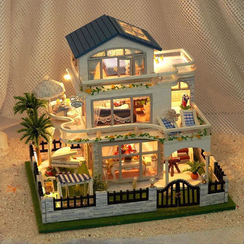 Handcrafted Wooden Assembled Dollhouse Model Kit - DIY Scene with LED Lights, Fabric, Dried Flowers, Furniture Set, Decorative Collectible Toy Gift for Family (Birthday, Christmas, Yes), Manual