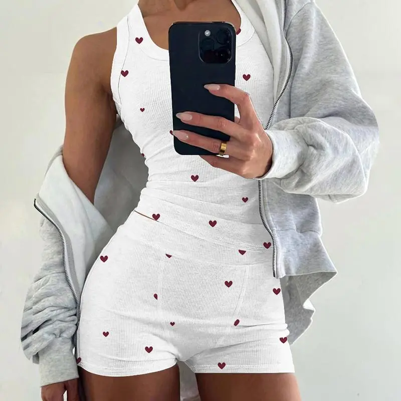 LIVE ONLY CHICME Women's 2 Pieces Pajamas Set Heart Pattern U Neck Sleeveless Tank and Casual Waist Shorts Set