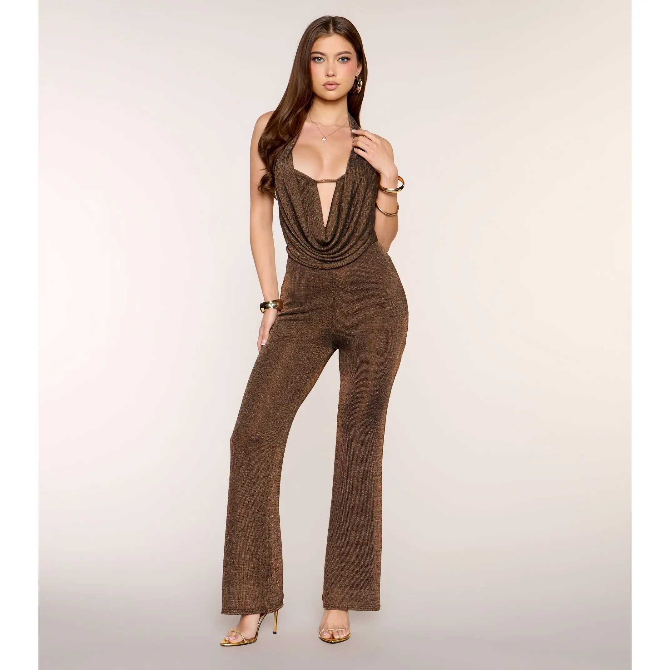 Keep Looking Metallic Knit Cowl Neck Jumpsuit
