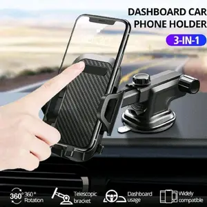 Car Phone Holder Suction Cup Dashboard 3-in-1 Telescopic Bracket 360° Rotation Wide Compatibility Universal Mount Compact & Versatile