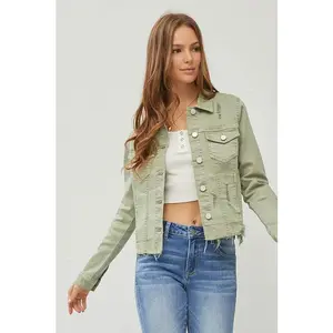 RISEN Full Size Raw Hem Button Up Cropped Denim Jacket Plus Size