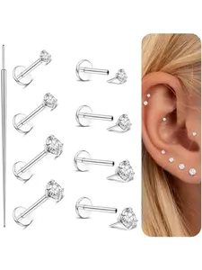 G23 Titanium Threadless Flat Back Earrings Studs Hypoallergenic 14K Gold Plated Nose Rings Stud 20G/18G/16G Labret Studs Lip Ring Push in Helix Tragus Medusa Piercing Jewelry