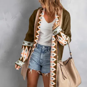 Brown Aztec Print Open Front Knitted Cardigan