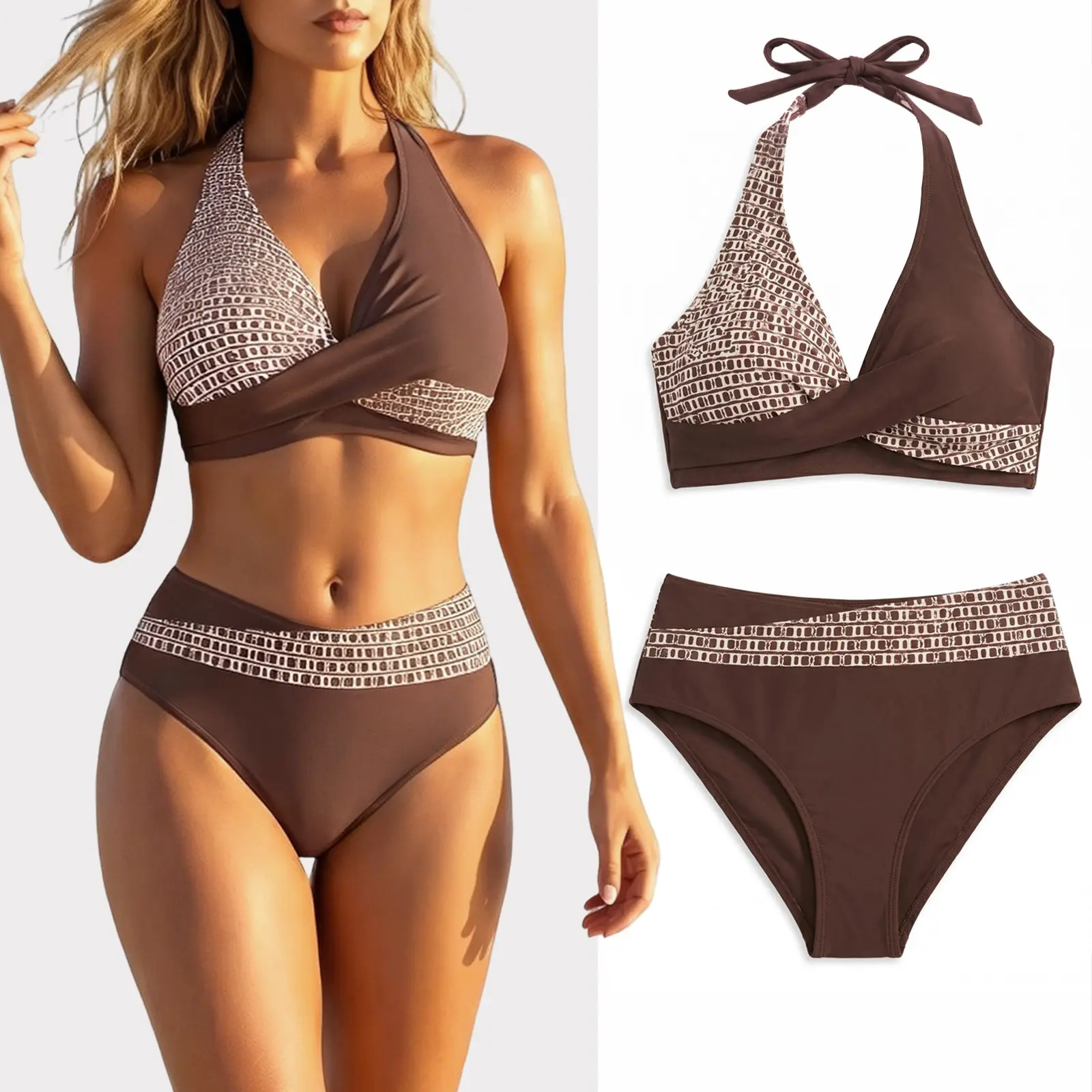 Two Pieces Women's Halter Bikini Set – Women Swimsuit 2026 Sexy Push Up Bathing Suit with Curve Friendly Full Coverage Bottoms