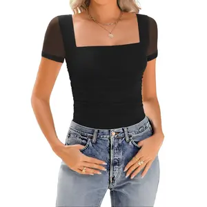 Avidlove Women's Square Neck Sheer Mesh Short Sleeve Bodysuit Ruched Going Out Sexy Thong Bodysuits Tops SpringStatements Basic