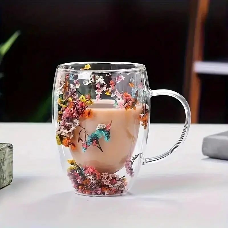 Flower-Design Vintage Double Walled Glass Creative Cup, 1 Count Double-Wall Glass Coffee Cup with Handle, Iced Coffee Glass Drinking Cup for Home and Office Use, Stylish Drinkware Coffee Cups Gift for Friends & Family