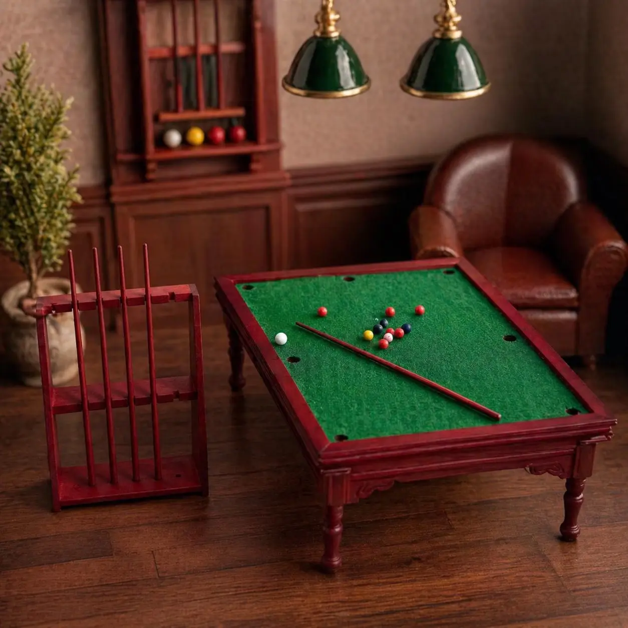 Miniature Walnut Pool Table Set, mini billiards game room furniture and accessories