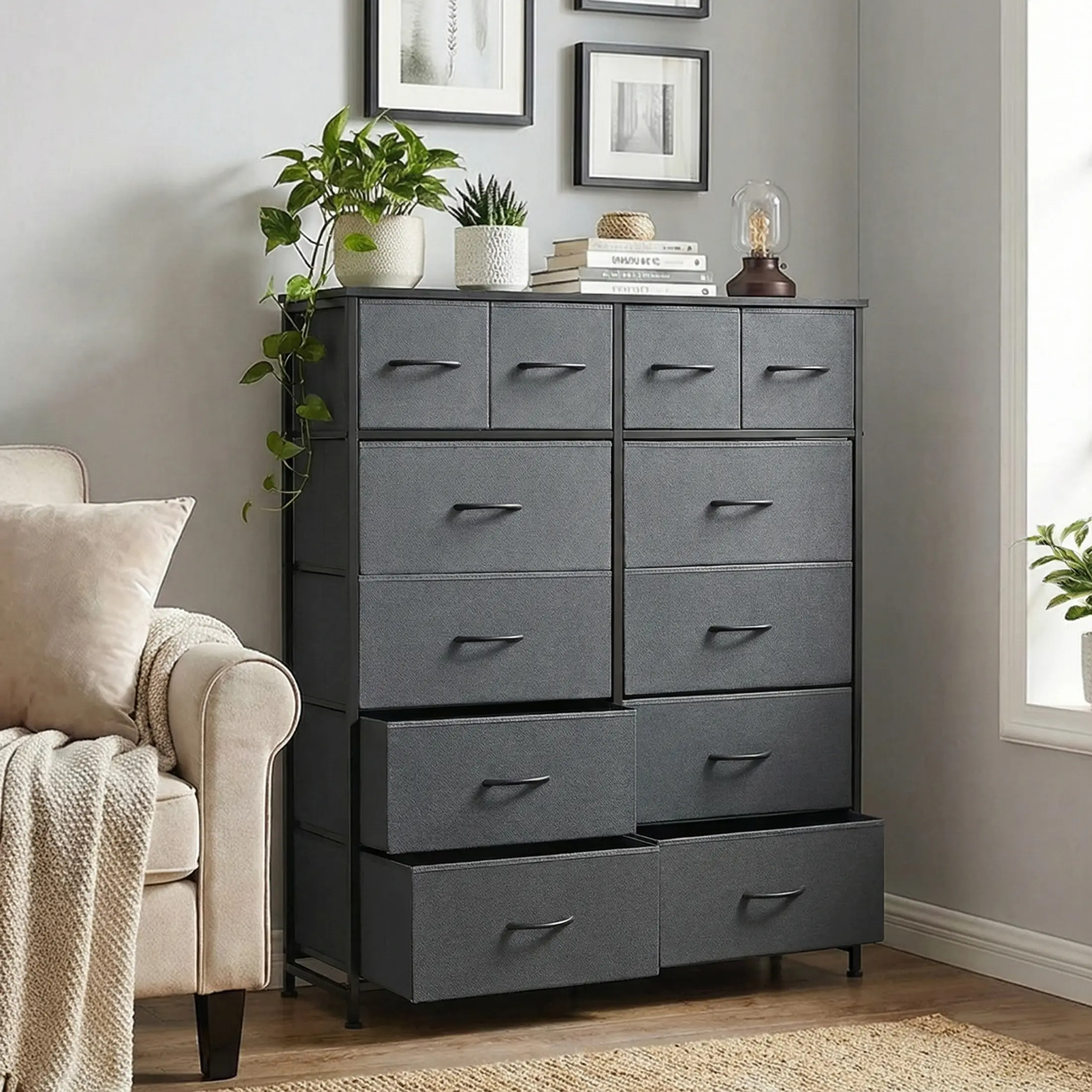 Sweetcrispy Modern Tall Dresser with 12 Drawers, Steel Frame, Wood Top, Adjustable Ft - Bedroom Dresser, Indoor Storage Unit for Clothing Organization, Living Room, Workspace, Adjustable Feet