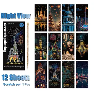 12 Sheets Scratch Paper Set, Colorful Night Scene Designs, No Coloring Needed, Creative DIY Scratch Art, Bookmarks, Notes, Handmade Gifts