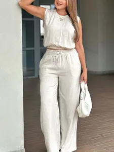Women's Solid Linen Loose Oversized Vest Top Wide Leg Pants Trouser Set 2PCS Outfit Clothes Womenswear, Spring Summer Casual Minimalist Vibrant Multiple Colors Elastic Waist Straight Leg Pants Suit, Comfortable Summer Lounge Wear
