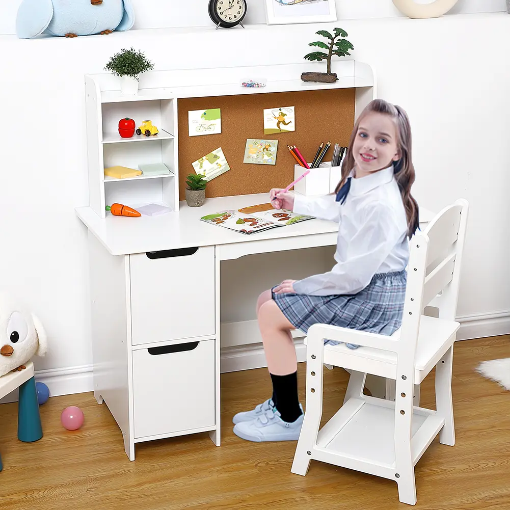 Kids Sturdy MDF Wood Multifunctional Vanity & Study Desk Set - White Furniture with Chair, Bookshelf, Bulletin Board, Cabinets, Mirror, Drawer, Storage Organizer - For Ages 3-9 - Ideal for Studying, Holidays
