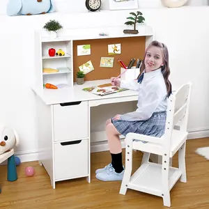 Multifunctional Kids Vanity and Study Desk Set – White Table with Chair, Bookshelf, Bulletin Board, Cabinets, Mirror – For Boys and Girls Ages 3-9 – Ideal for Studying, Playing, Makeup