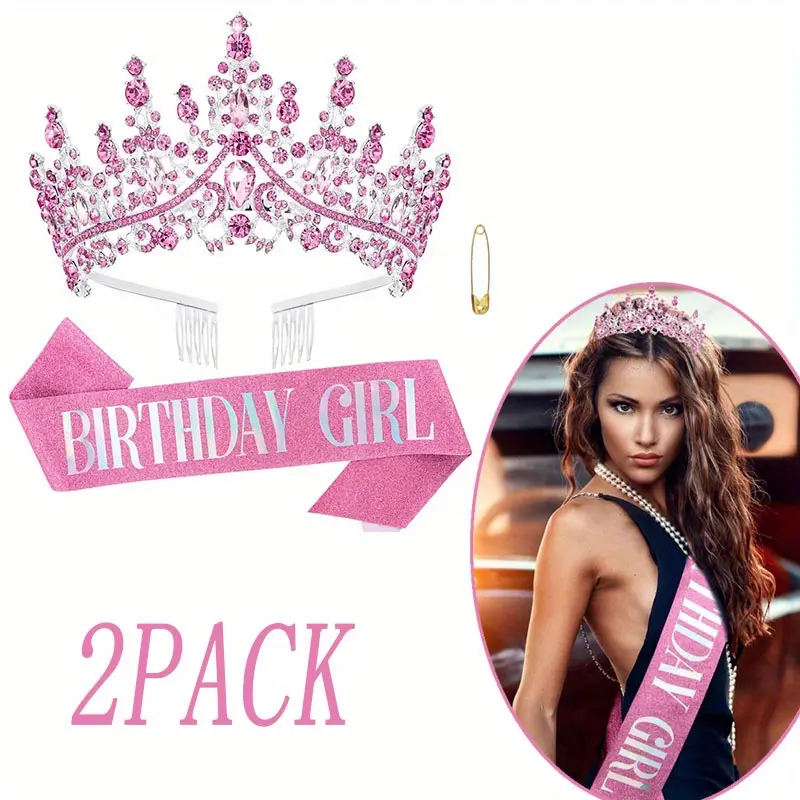 Women's Pink Crystal Princess Tiara Set - 3-Piece Female Costume Headpiece with Tiara Comb, Birthday Crown, "Birthday Girl" Sash, Whimsical Party Hair Accessory