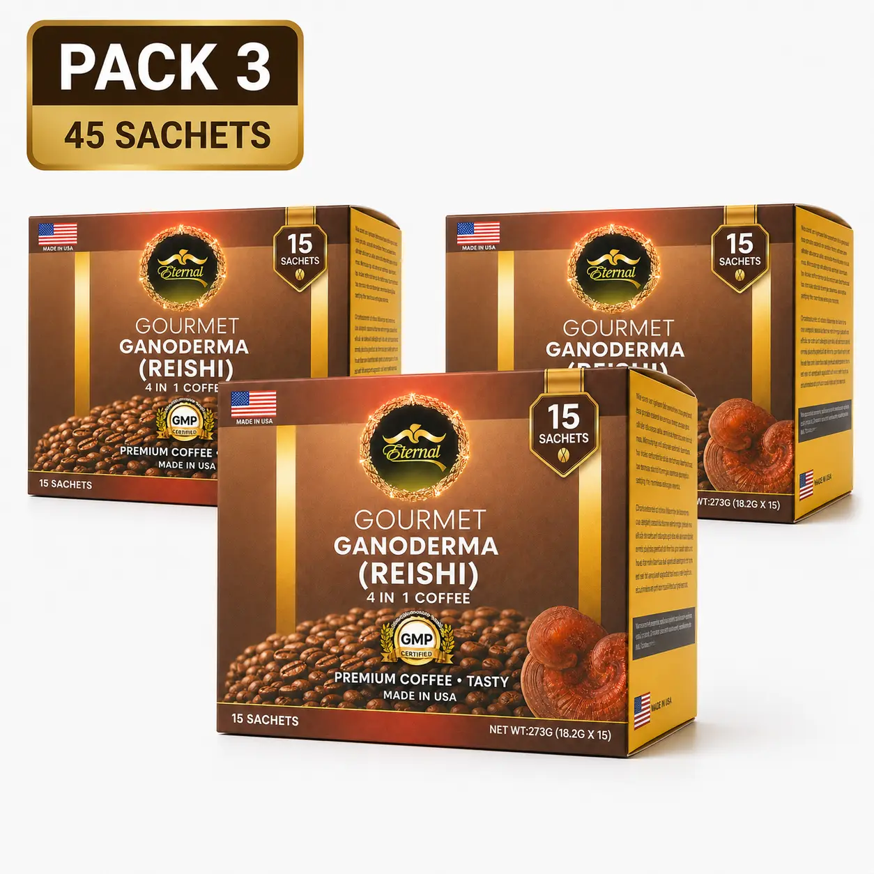 Eternal Spirit Beauty - Asian Latte Coffee Ganoderma Singles, 15 Packets (0.64 oz) – Instant Coffee Mix with Reishi Mushroom, Creamy Light Roast, Travel-Friendly Sachets, 3 Pack (45 Sachets)