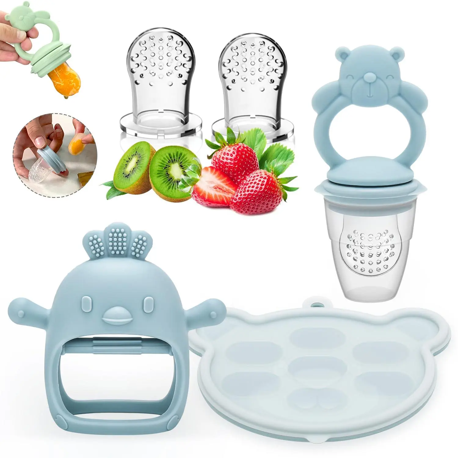 Baby Teether Set, 5 Counts/set Including Silicone Teether, Fruit Feeder & Feeding Food Storage Box, Newborn Baby Fruit Feeder, Baby Teething Relief Tool, Baby Essentials, Convenience, Cute Baby Items