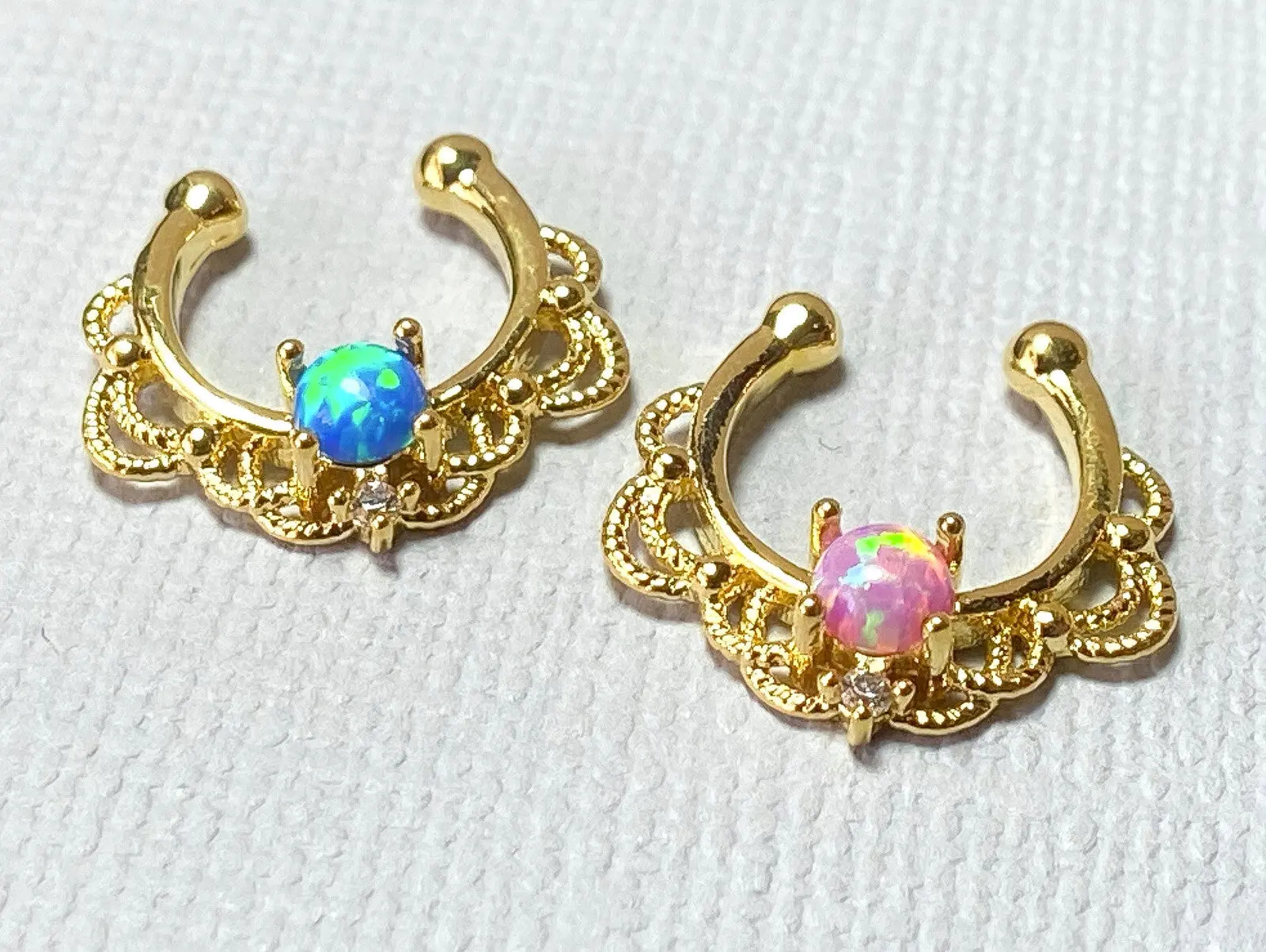 1pc NON-Pierced 14k Gold Plated Lacey Single Opal Septum Fake Clip-on Nose Ring - Only Gold w/Blue Opal Left In Stock!