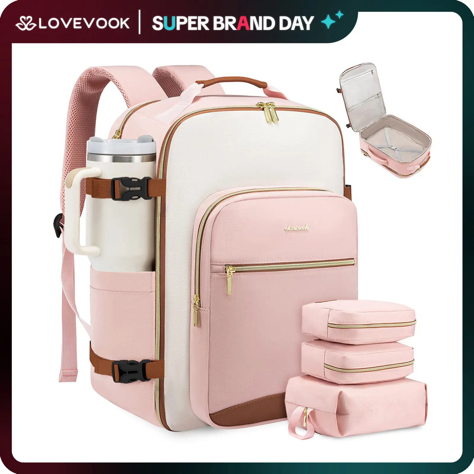 LOVEVOOK Colorblock Carry-On Travel Backpack with 3 Packing Cubes and Laptop Compartment - Personal Item, TSA-Friendly, Airline Approved Travel Bag for Hiking, Overnight, Weekend,High-capacity and Durable,TikTokShopBackToSchool