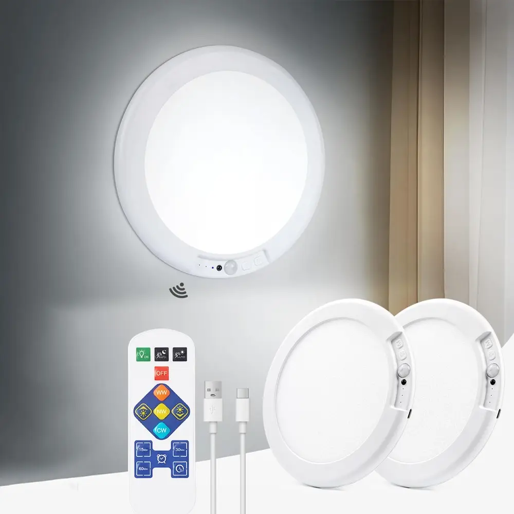 2-Piece Rechargeable Ceiling Lights, LED Three-Tone Dimmable, Wireless Installation, Remote Control, Ideal for Hallway, Closet, Office