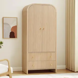 70" Arched Armoire Wardrobe Closet, Mid-Century Modern 2-Door Freestanding Wardrobe with Hanging Rod and 2 Drawers, Fluted Carved Clothing Storage Cabinet for Bedroom