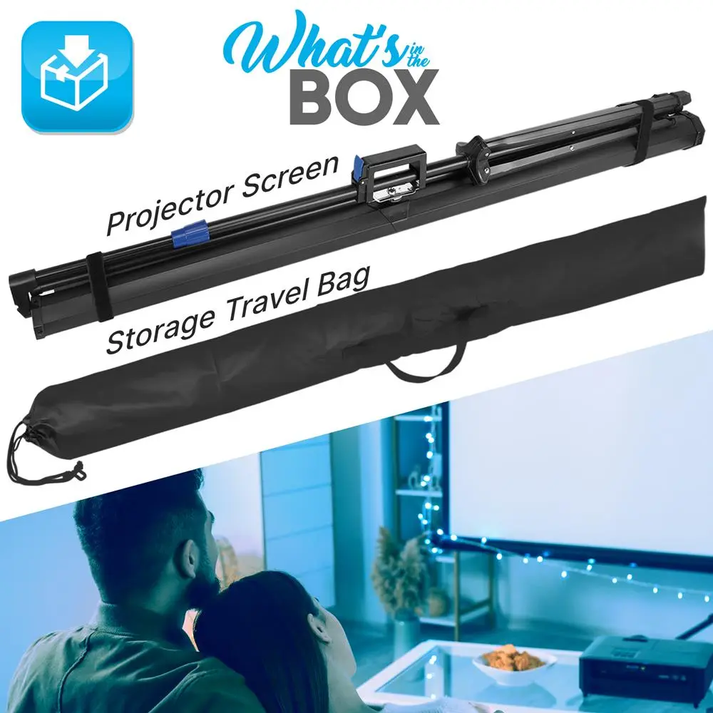 100-in Portable Home Projector Roll-Up Screen - Quick Setup, Matte White Surface, Durable Steel-Aluminum Tripod Stand, Auto Lock, Mobile Device Compatible for Home Movie Night, Classroom Audio & Video Use