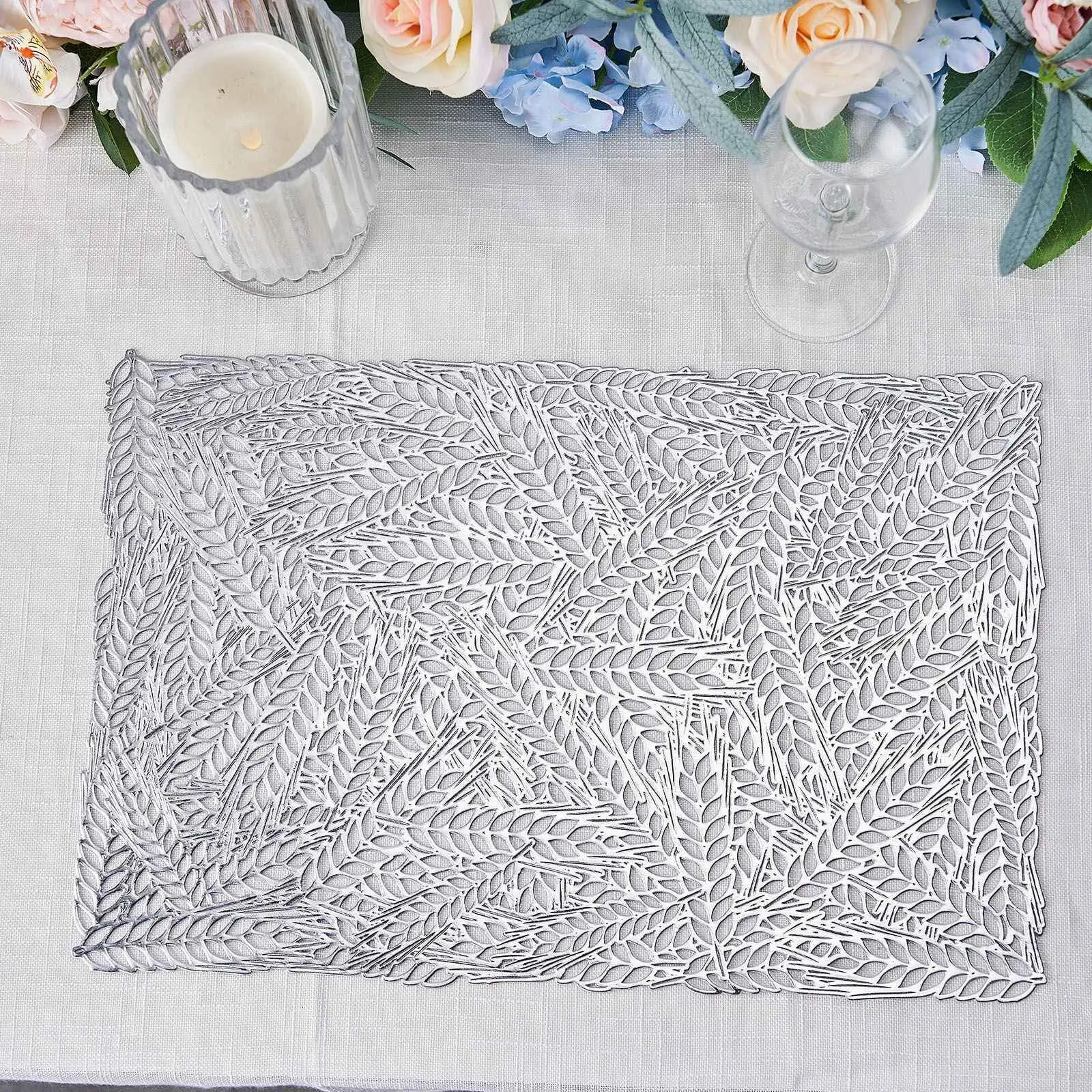 6-Pack Wheat Design Silver Vinyl Placemats, 12"x18" Non-Slip Durable Rectangle Tableware for Modern Home & Wedding Settings, Heat-Resistant Surface, Hand-Wash Only, Home Decor, Table Scratch Protection