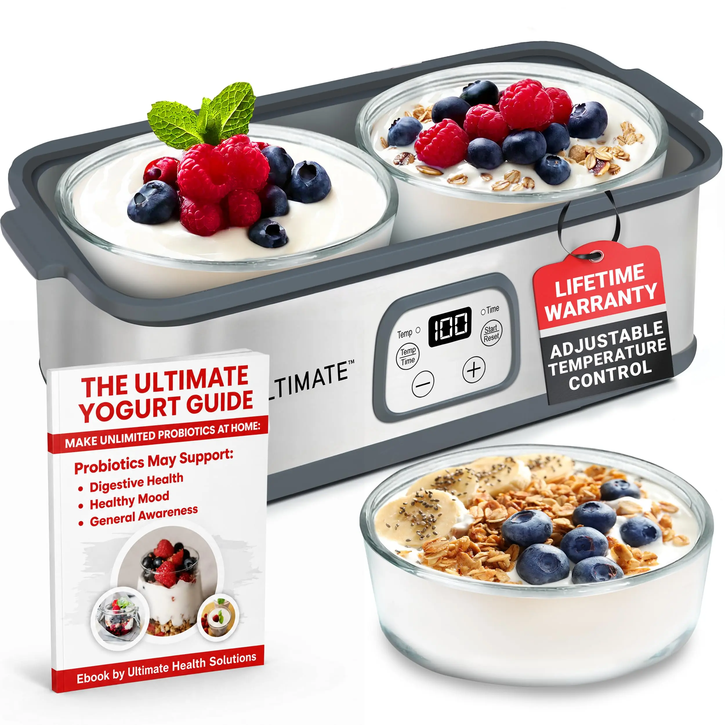 Ultimate Probiotic Yogurt Maker with Adjustable Temperature & Time Control - Create Trillions of Live Probiotics for Better Gut Health - Non-Dairy Friendly, BPA-Free Glass Containers, Lifetime Warranty