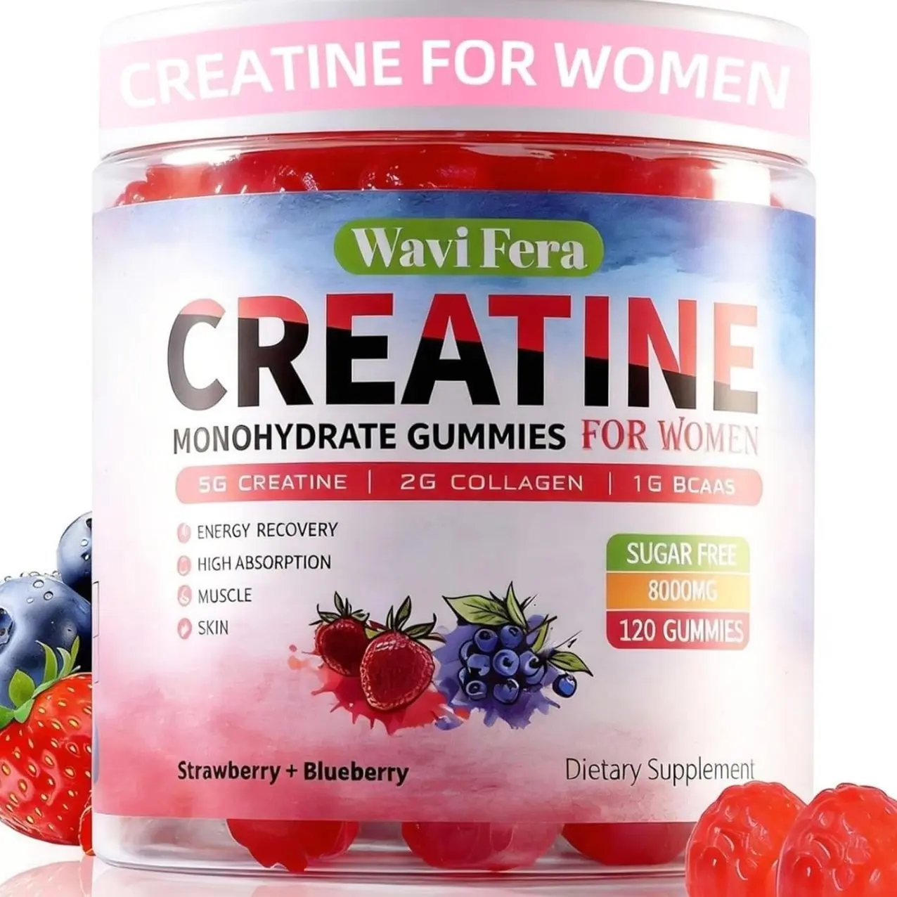 Creatine for Women,Creatine Monohydrate Gummies with Collagen+ BCAAs+Hyaluronic Acid+VitaminsC and b12,Sugar Free,Vegan,Supplement for Muscle,Skin, Hair & Nail Support, Mixed berry,120 Counts