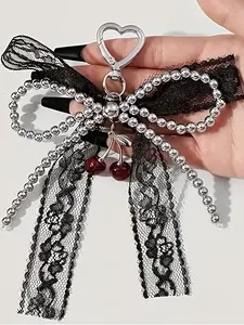 Stylish Keychain Accessory with Beaded Design, Faux Pearls, Tulle, and Cherry Bow, Elegant Fashion Jewelry for Women