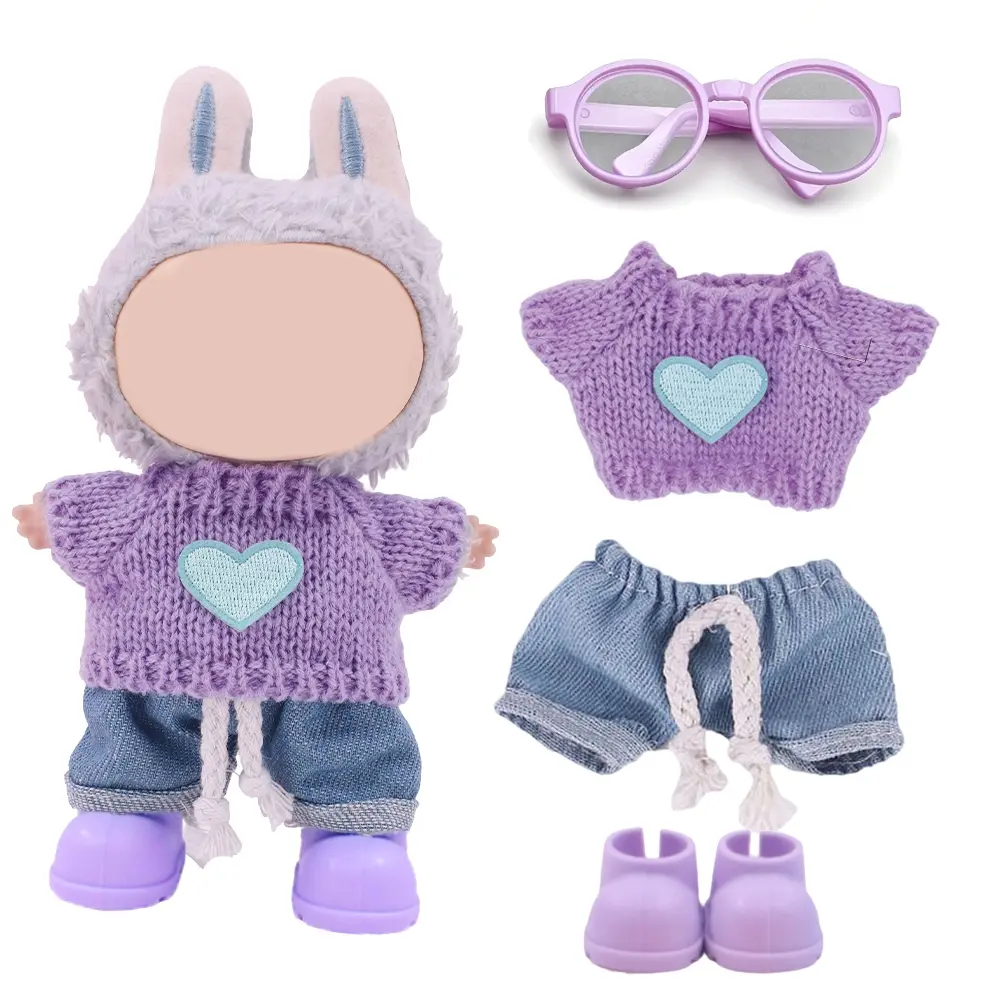 Charming Labubu Doll Clothes Outfit, Clothing Set, Stylish Doll Clothes, Clothes For Dolls, Includes Knitted Sweater, Denim Jeans, Clothes, Glasses, Shoes, Fits 17cm Dolls, Cute Play and Display Accessories, Doll Playsets