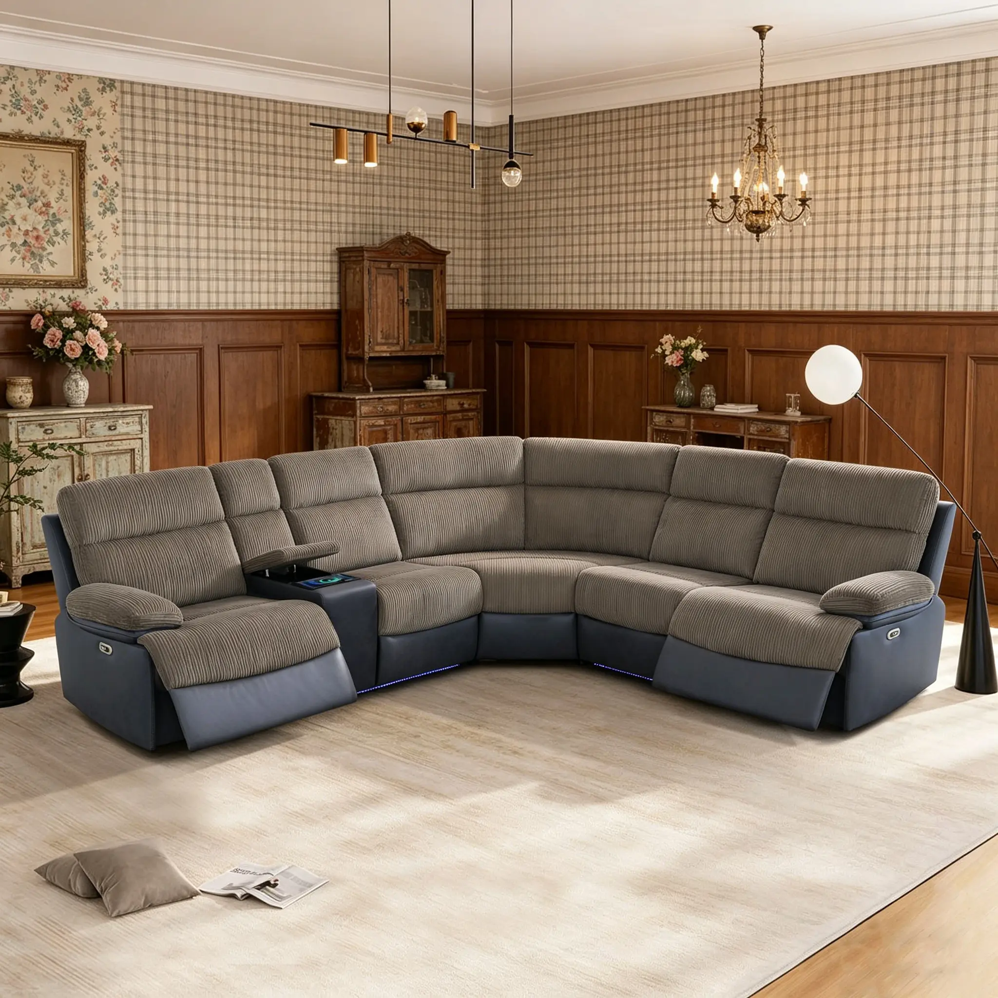 Contemporary Dual Fabric 3-Piece Recliner Sofa, classic brown stripe paired with sleek black technical fabric, fade-resistant daily use, one-click intelligent reclining, upscale versatile design for living room indoor furnishing