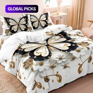 Butterfly & Flower Bow Print Modern Bedding Set, Including 1 Duvet Cover & 2 Pillowcases without Filler, Bedding Supplies for Home Bedroom Hotel #GLOBAL PICKS