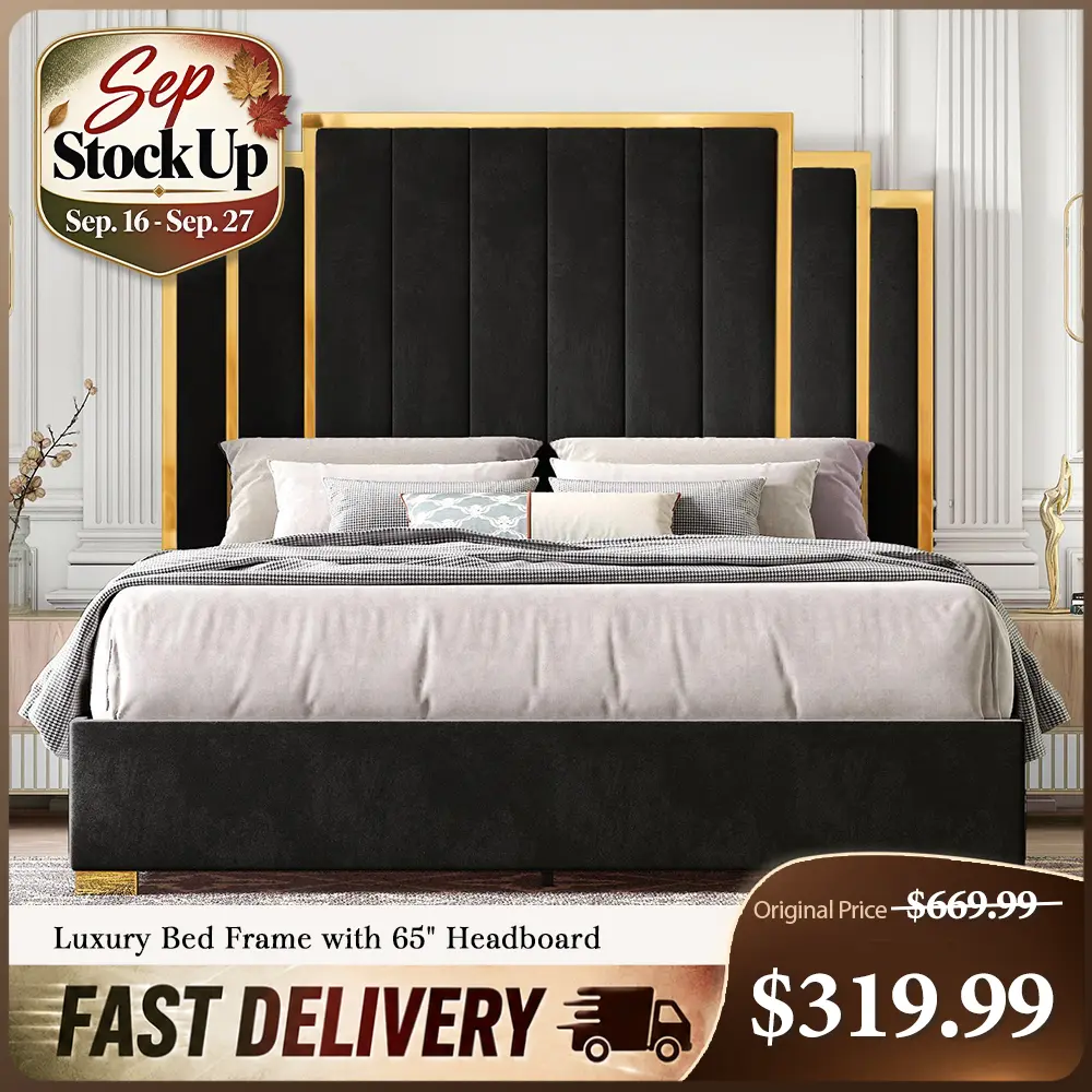 [TiktokShopStockUp] AMERLIFE Bed Frame with 65" Headboard, Upholstered Platform Bed with Golden Plating Trim, Modern Luxury Bed Frame, No Box Spring Needed/No Mattress/Queen/King//Unique Bedroom Furniture/Best Gift Ideas/Christmas Gifts
