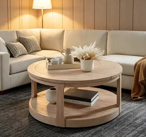 40-in Large Curved 2-Tier Traditional Round Wooden Coffee Table - Mid-Century Rollable Rustic Table for Living Room, Office