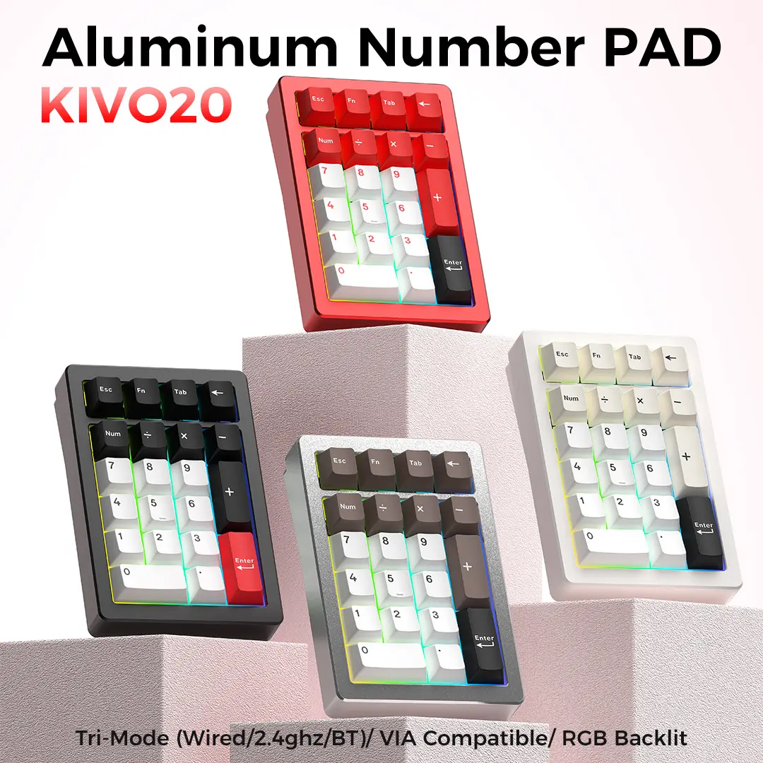 ELECFOX KIVO 20 Wireless Aluminum Mechanical Numeric Keypad, RGB Backlit, 20 Keys, Ergonomic Design, Kailh Snowlike Switches, Numpad Tri Modes Connectivity, Programmable Numpad, Custom Keyboard Setup, Ergonomics Keyboards