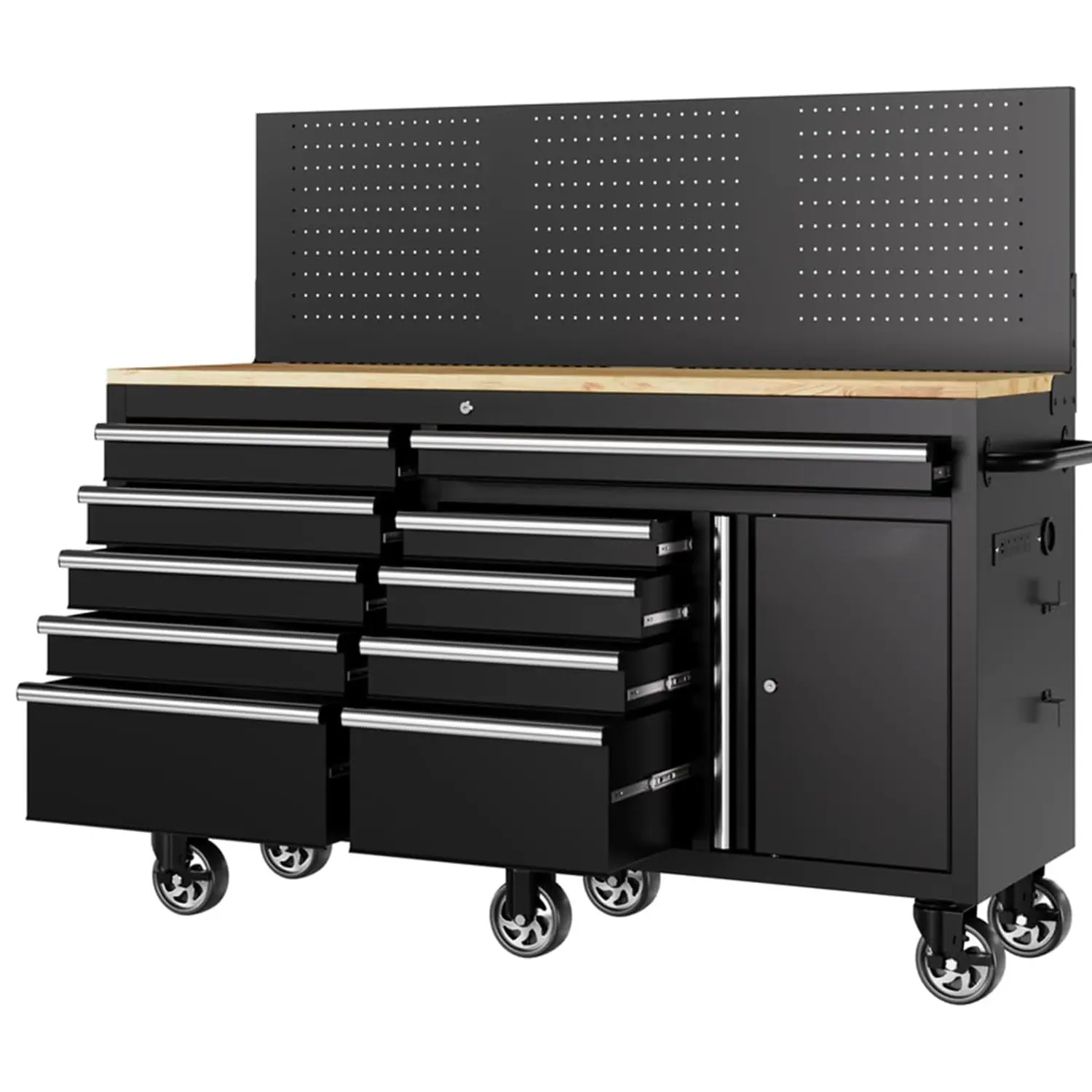 60 Inch Rolling Tool Chest, 10 Drawers Mobile Garage Tool Cabinet with Lock System, Built-in Charging Station & Pegboard, Work Bench with 1750 LBS Load Rubberwood Top, Heavy Duty Workbench for Workshop, Garage & On-Site Work Projects