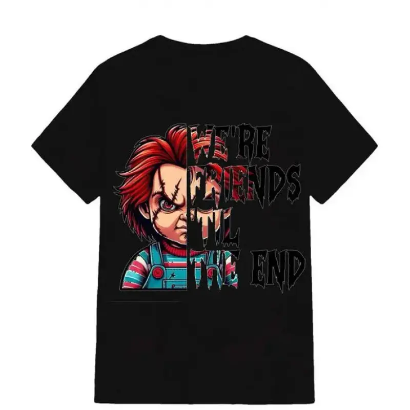 Graphic Tee with Retro Chucky Horror Motif, Unisex Streetwear Aesthetic Tshirt for Movie Fans, Fade-Resistant Print, Shortsleeve, Bold Graphic Tee, Casual, Jeans, Menswear, Chucky Print, Round Neck, T-Shirt, Top, Short-Sleeve Tee