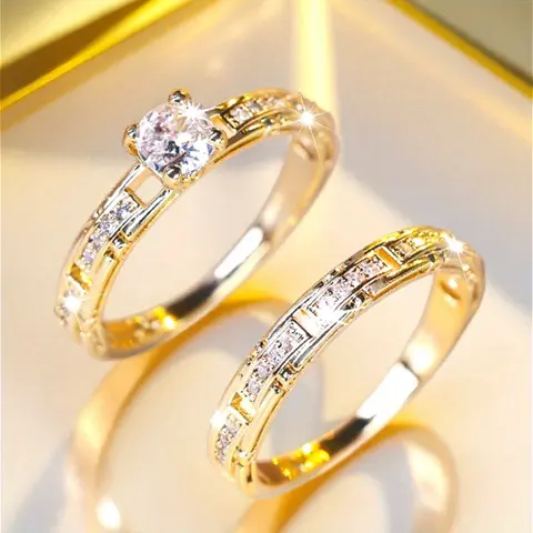 Unisex 2-Piece Shiny Synthetic Zircon Bridal Ring Set, Luxurious Elegant Costume Jewelry – Rings for Women, Men's Wedding Accessories