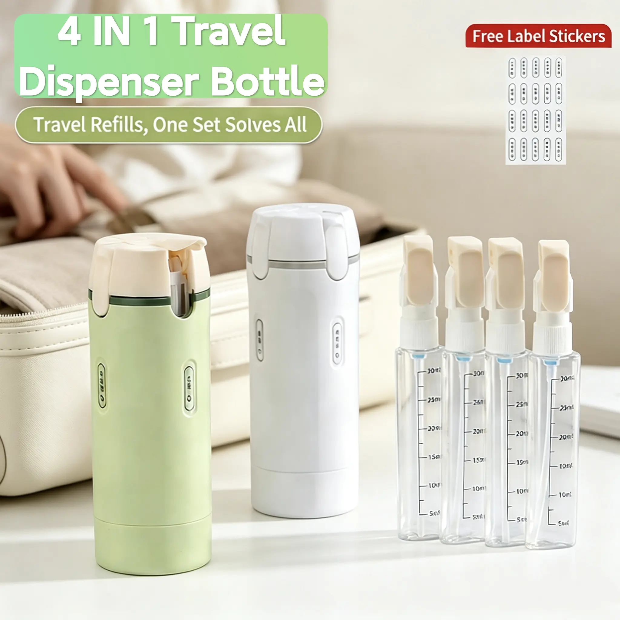 4-in-1 Travel Dispenser Bottle for Portable Cosmetic Shampoo Dispenser Storage Bottle Container,leak proof bottle,Compact and Lightweight Toiletry Organizer,Easy to Carry,Ideal for Business Trips,Vacations,and Frequent Travelers,Travel Set,Easy Carrying