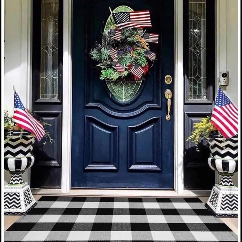 Cotton Buffalo Plaid Rug 27.5"x43" Navy Blue and White or Black and White Hand Woven Checked Rug Washable Doormats Indoor Outdoor Rugs for Layered Front Door Mats, Porch, Kitchen, Farmhouse, Entryway checkered