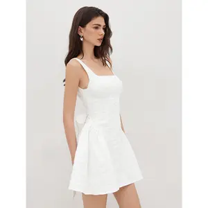 Cider Jacquard U-neckline Floral Backless Bowknot Mini Dress