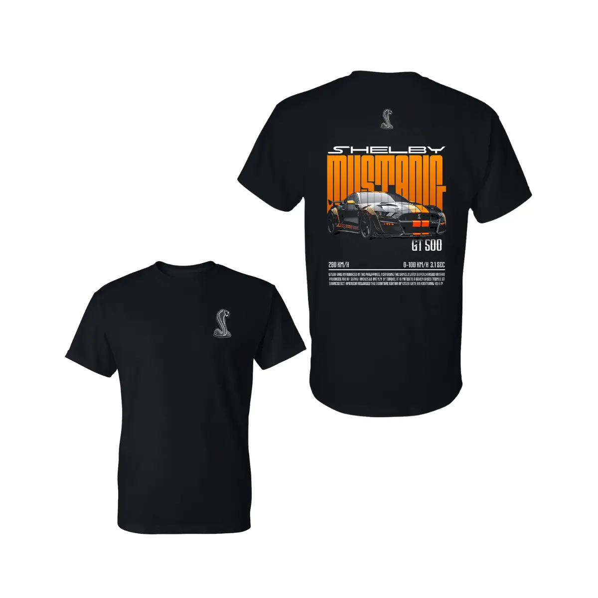 Shelby Mustang 2 Sides Graphic T-Shirt with GT500 Black Muscle Car Back Print and Cobra Logo Front, Soft Cotton Blend Shirt, Automotive Streetwear for Men and Women, Gift for Car Enthusiasts and Mustang Fans