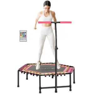 Soozier 45" Rebounder Trampoline for Adults, Mini Trampoline Indoor with Colorful LED Lights and Adjustable Handle, Quiet and Safe Bungee Rebounder, Pink/Blue