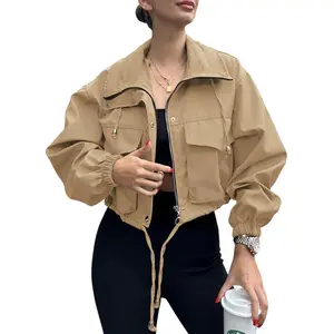 Women's Solid Zip Up Crop Jacket, Casual Fashionable Pocket Lightweight Outerwear, Ladies Spring & Fall Clothes