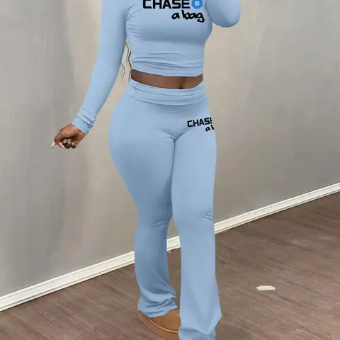 Women's Letter Print Long Sleeve Fitted Crop Tee & Flare Leg Pants Two-piece Set, Casual Streetwear Set, Casual Style Set, Casual Round Neck Top & Bell Bottom Trousers for Daily Wear, Women's Clothing for Fall & Winter