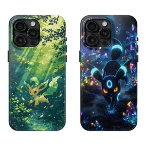 Glow Shiny Umbreon & 8Bit Pixel Art Leafeon Eeveelution Anime Phone Case, Premium Protective Shell for iPhone 17 - 11 Pro Max Plus Mini X XR XS 7 8 Plus or SAMSUNG GALAXY S25 - S21 Ultra Plus