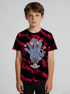 Boys' Summer Creative T-Shirt: Stranger Things IP The Hellfire Club, black-red dyed base, blue monster hand + "THE HELLFIRE CLUB" print, dark TV trendy, soft breathable, casual versatile top/gift