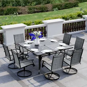 9-Piece Outdoor Dining Set for 8 with Adjustable Umbrella Hole & 8 Swivel Chairs, Square Iron Table & Weather-Resistant Design for Patio, Deck, Backyard, Poolside (Gray/Brown/Blue)