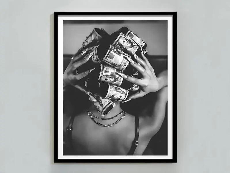 Black Woman with Money on Head Print, Black and White, Luxury trendy Fashion Wall Art, Hypebeast & Maximalist Room Décor