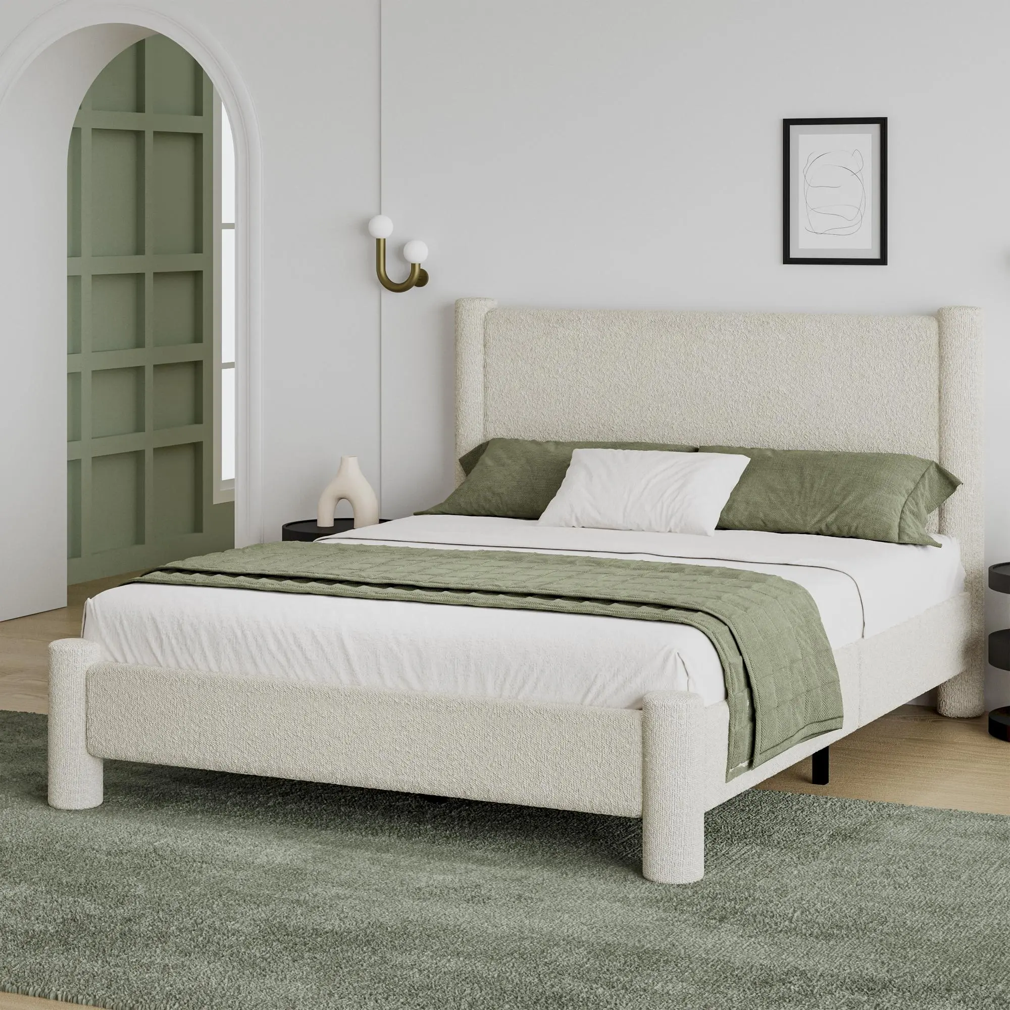[SummerSale] HOMBCK Soft Bed Frame, No Mattress, Boucle Bed Frame with Headborad, Upholstered Platform Bed Frame with Rounded Corners, No Box Spring Required #home essentials#back to school